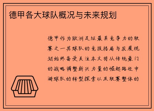 德甲各大球队概况与未来规划