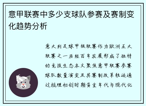 意甲联赛中多少支球队参赛及赛制变化趋势分析